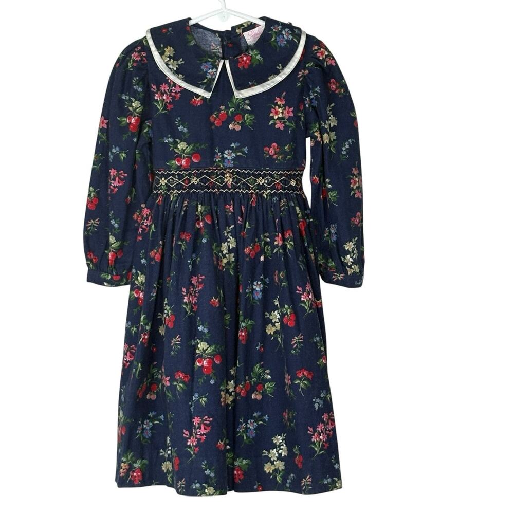 Vtg SOPHIE DESS Girl's Smocked Bishop Dress Floral Midi Peter Pan Collar Size 4